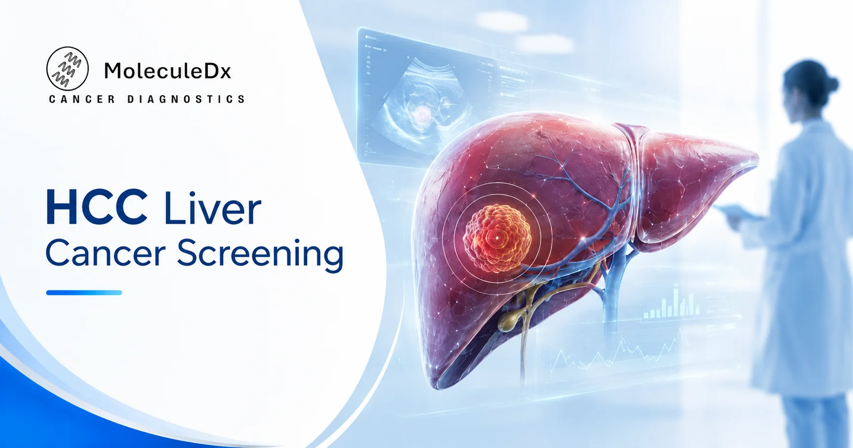 HCC liver cancer screening thumbnail by MoleculeDx showing a medical liver illustration and diagnostic screening visuals.